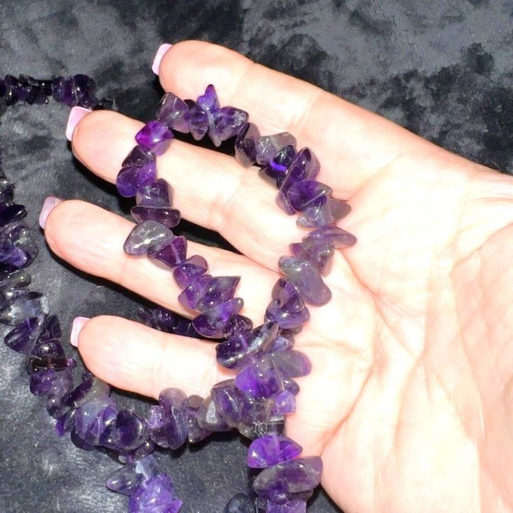 Large Chip Purple Amethyst Crystal Necklace - Approx 30”
